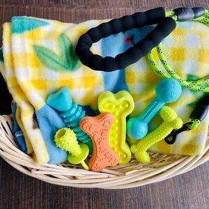 NWT 🐾💓🧺Pet Dog Gift Basket 🧺 💓🐾Fur-Baby Chew Toys 🦴 Leash & Blanket